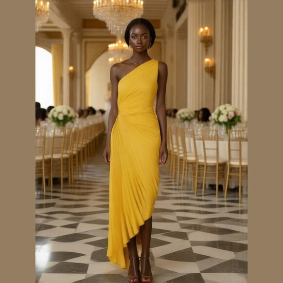 A.L.C. Size 2 Delfina Pleated One Shoulder Gown Yellow Asymmetrical Midi Dress - Picture 13 of 13